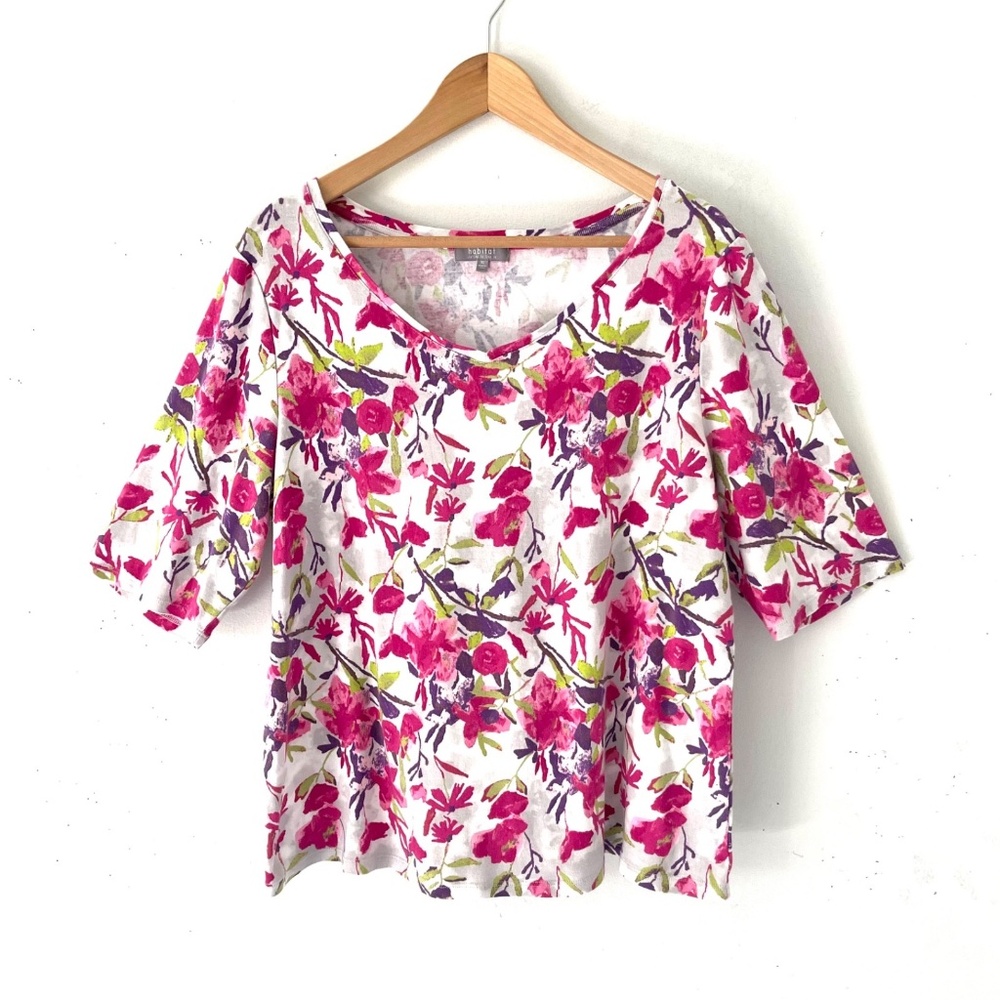 Habitat Floral 3/4 Sleeve V Neck 100% Cotton Knit Tee Shirt Top Size XL
